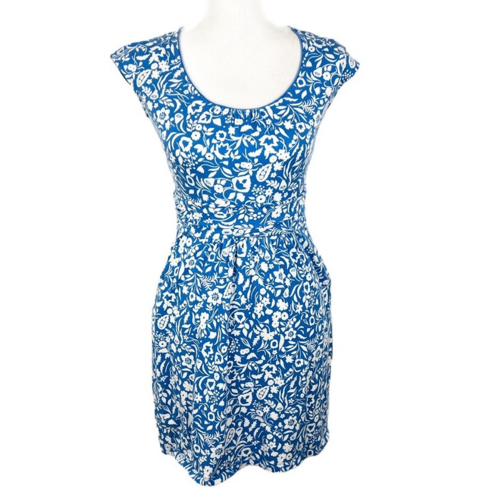 Boden Dress Women 4 Petite Blue Floral Print Short Sleeve Scoop Neck Mini Casual